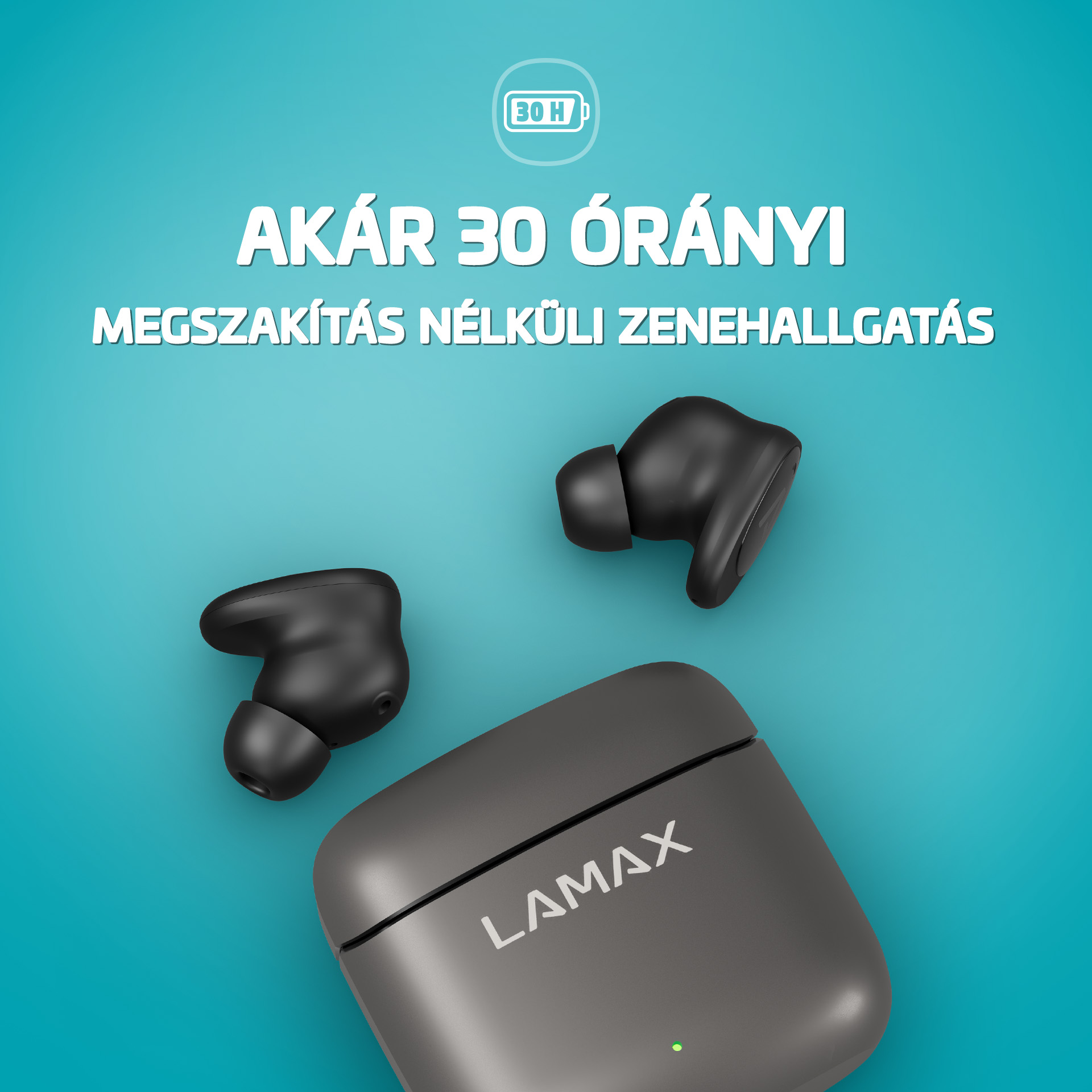 Három fekete LAMAX fülhallgató és egy szürke töltőtok kék háttéren.