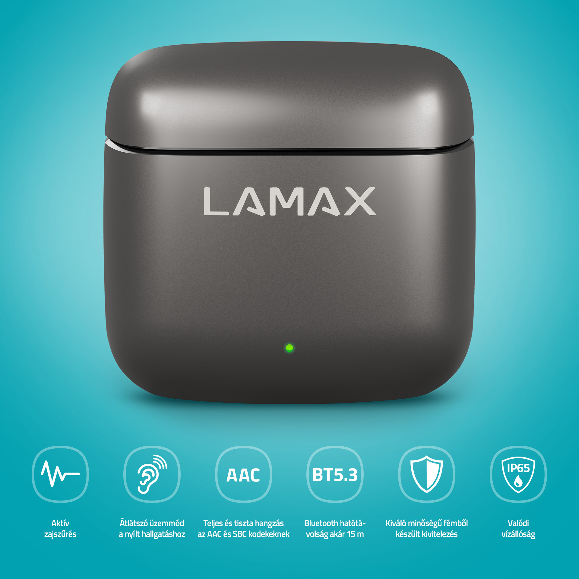 Sötétszürke töltőtok LAMAX logóval és zöld LED-del. Ikonok jelzik a funkciókat.