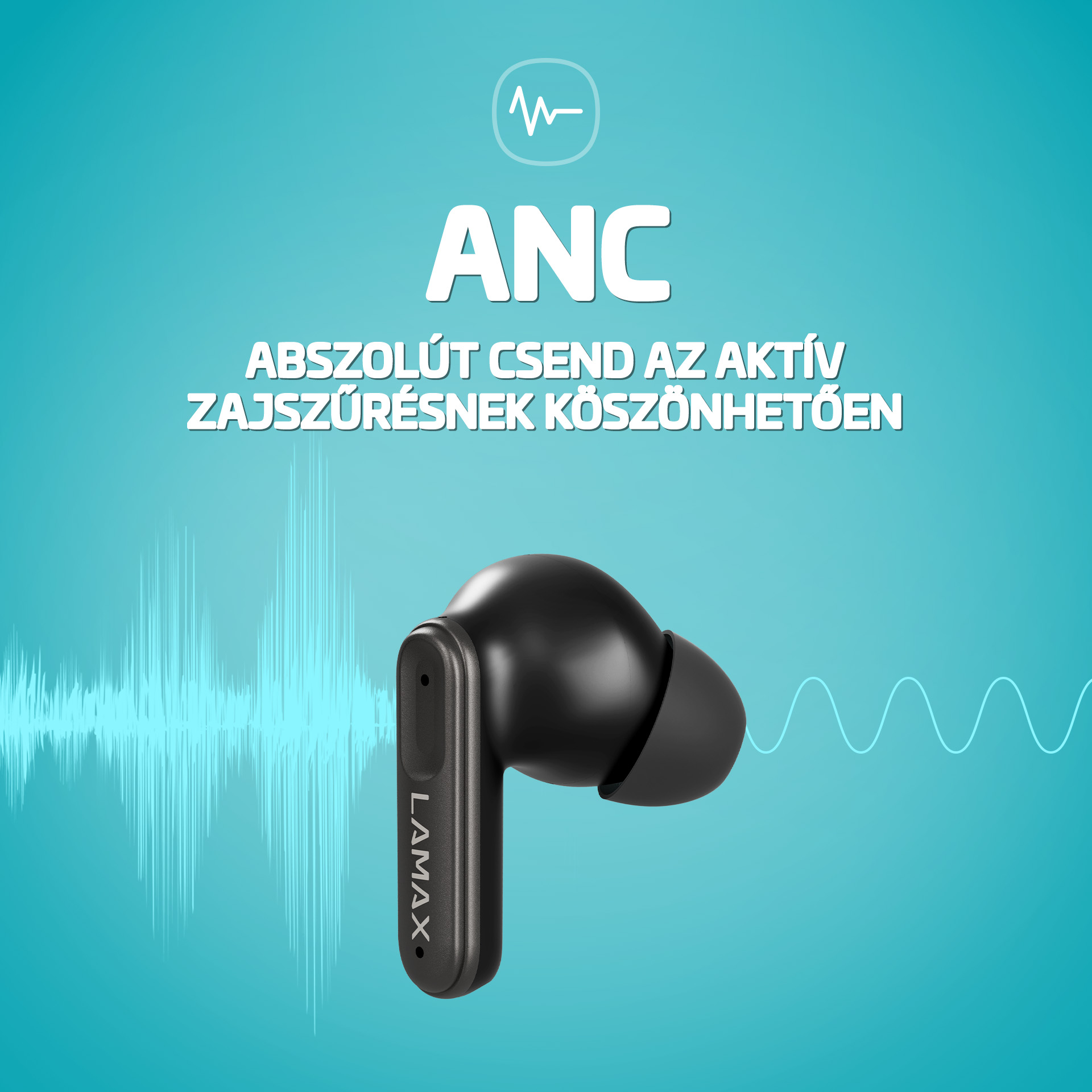 Fekete fülhallgató ANC logóval és hanghullám grafikával.