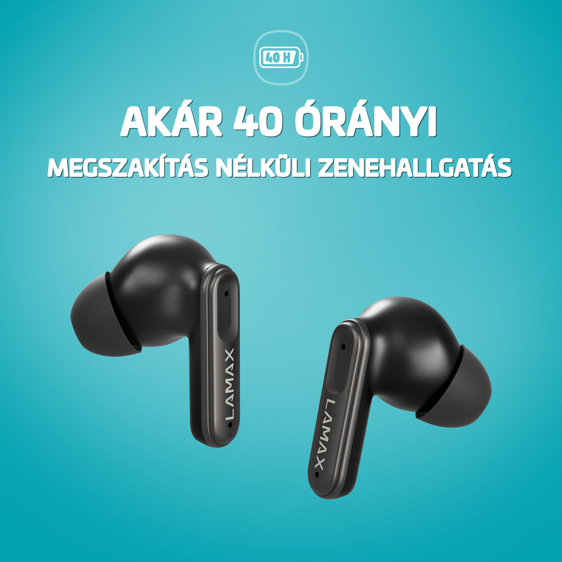Két fekete vezeték nélküli fülhallgató kék háttéren magyar szöveggel.