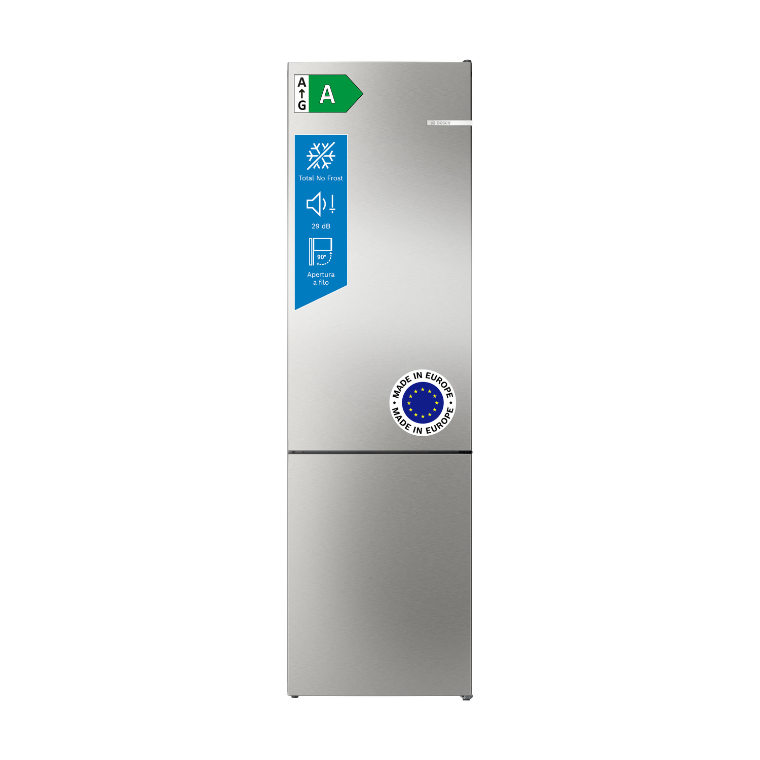 Un frigorifero Bosch argentato con etichetta energetica A e adesivo "Made in Europe".