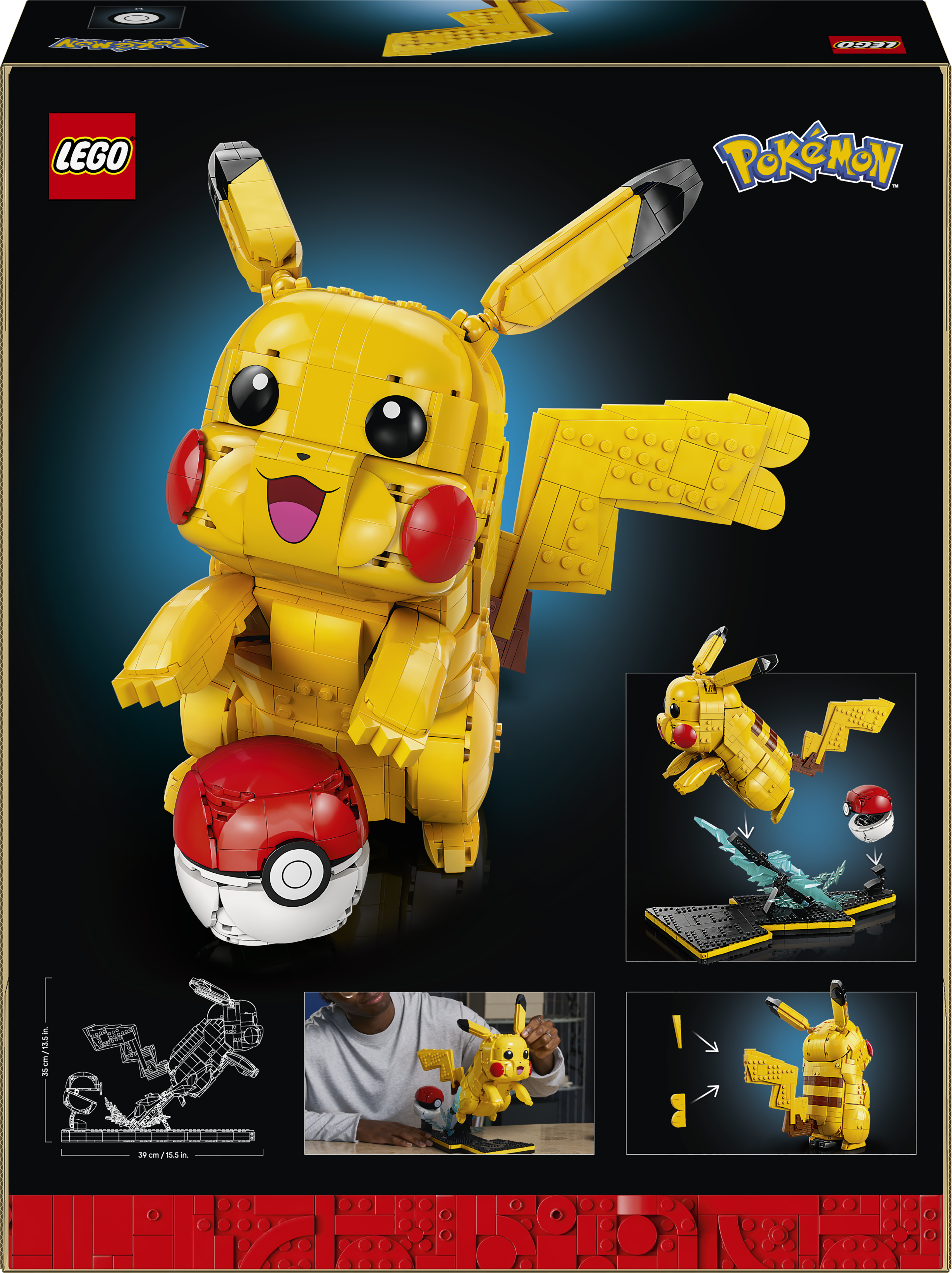 Lego Pikachu mit Pokéball auf schwarzem Hintergrund.