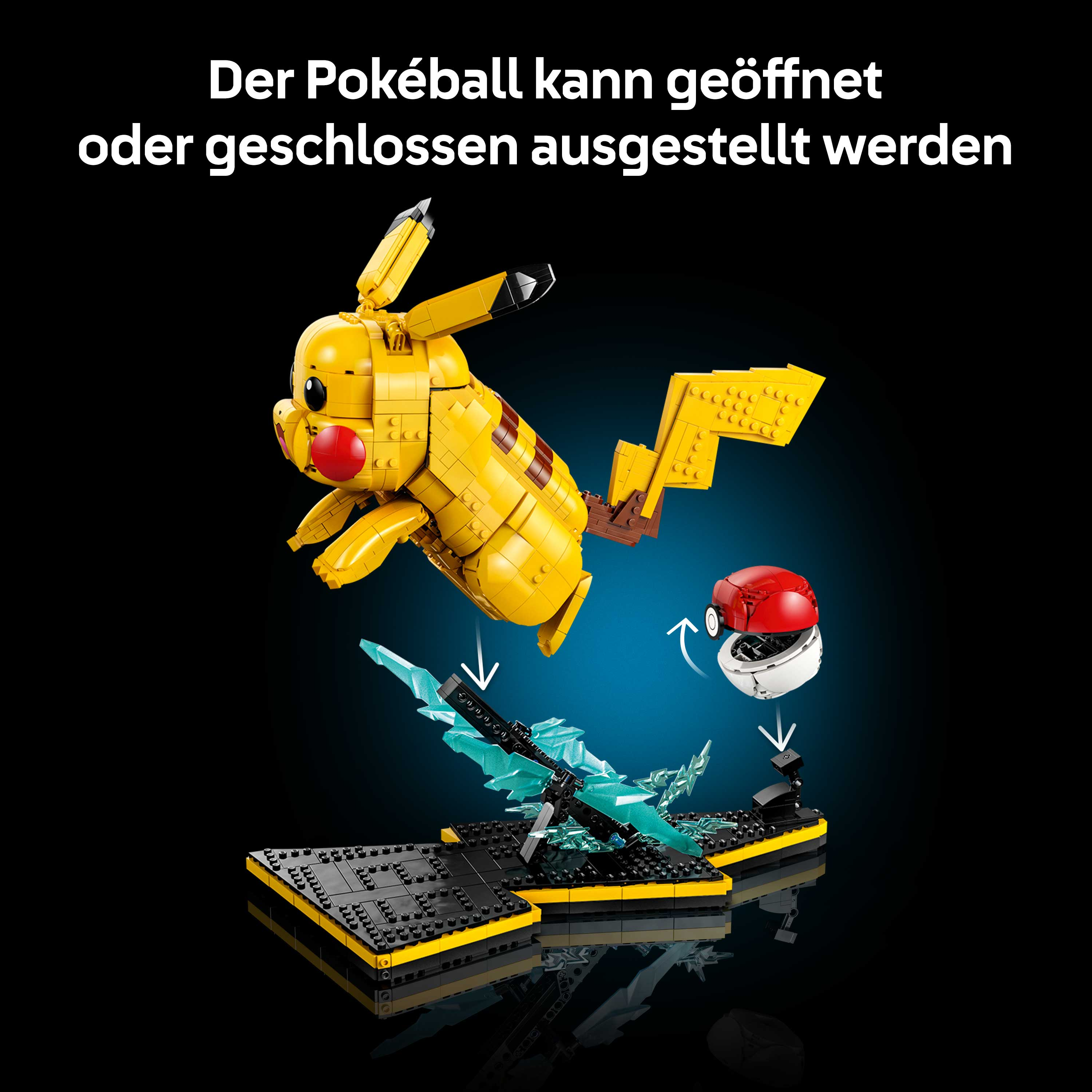 LEGO Pikachu auf einem Sockel mit Pokeball und Eissplittern.