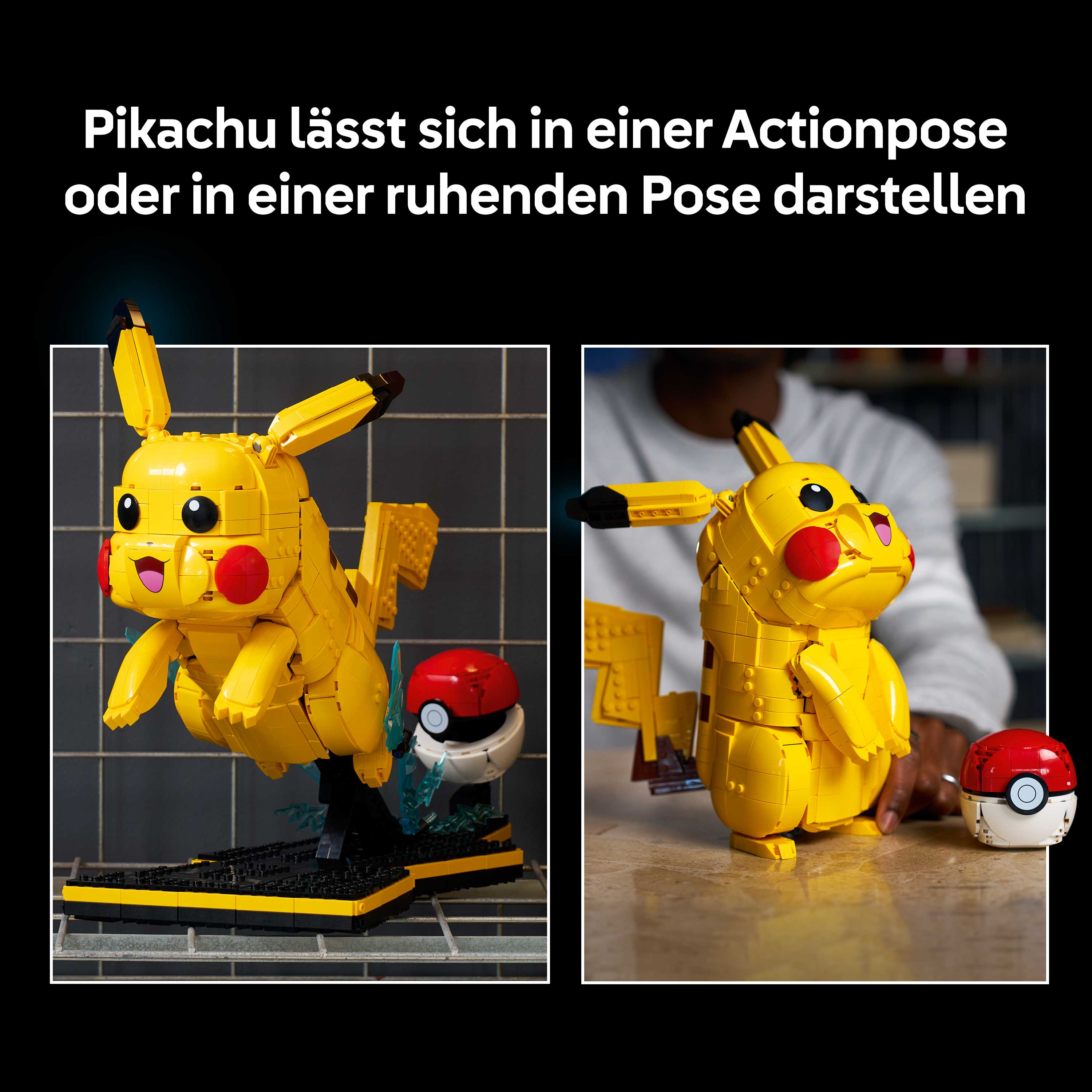 Zwei Lego-Pikachus, eines in Aktion, eines ruhend, mit Pokébällen.