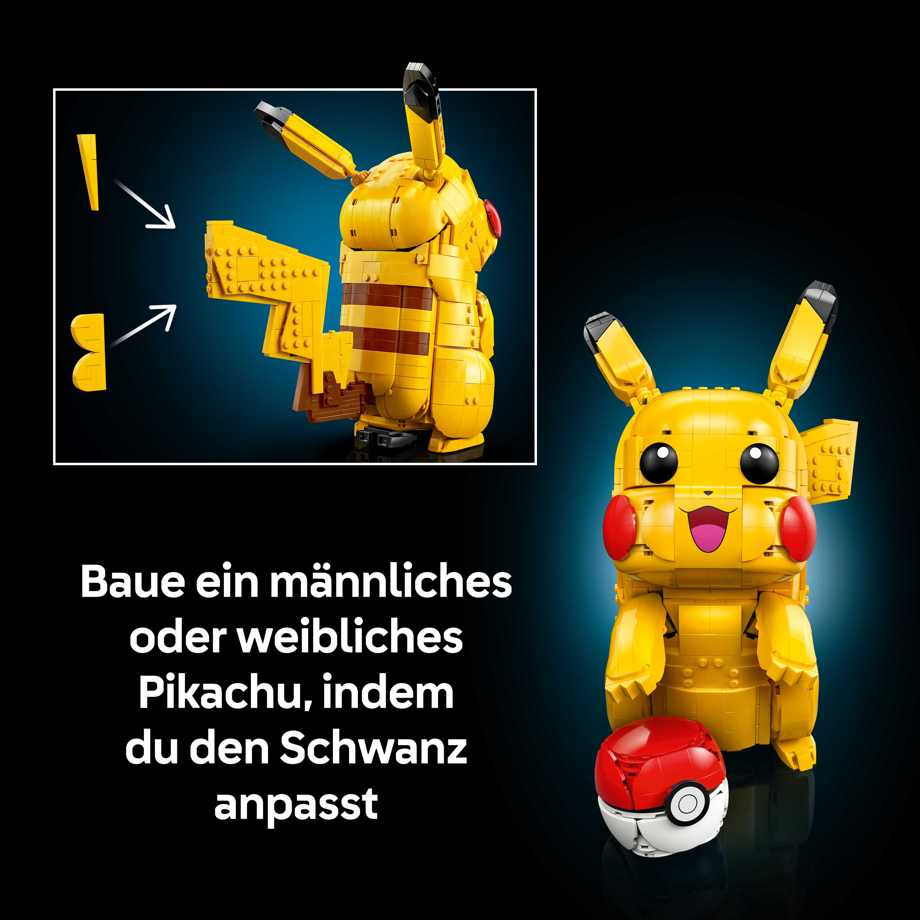 Ein Lego Pikachu mit einem Pokeball. Ein Detail zeigt den Schwanzanbau.