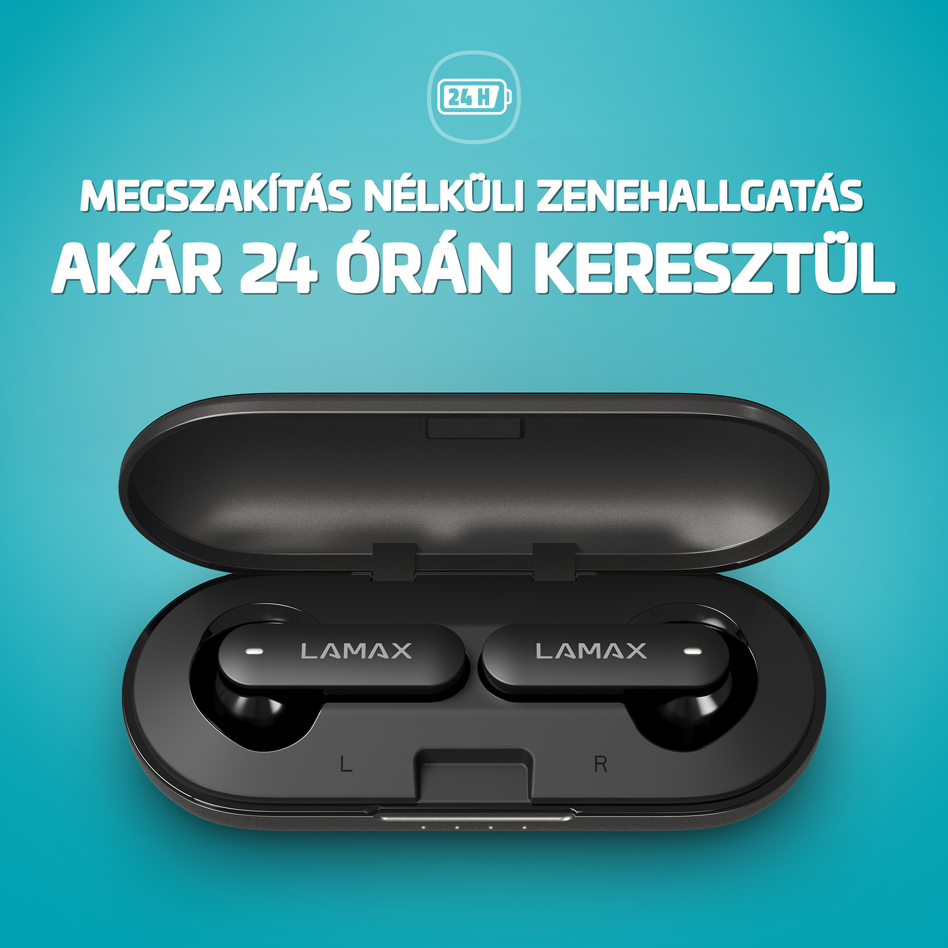 Fekete LAMAX fülhallgatók nyitott töltőtokban, kék háttéren.