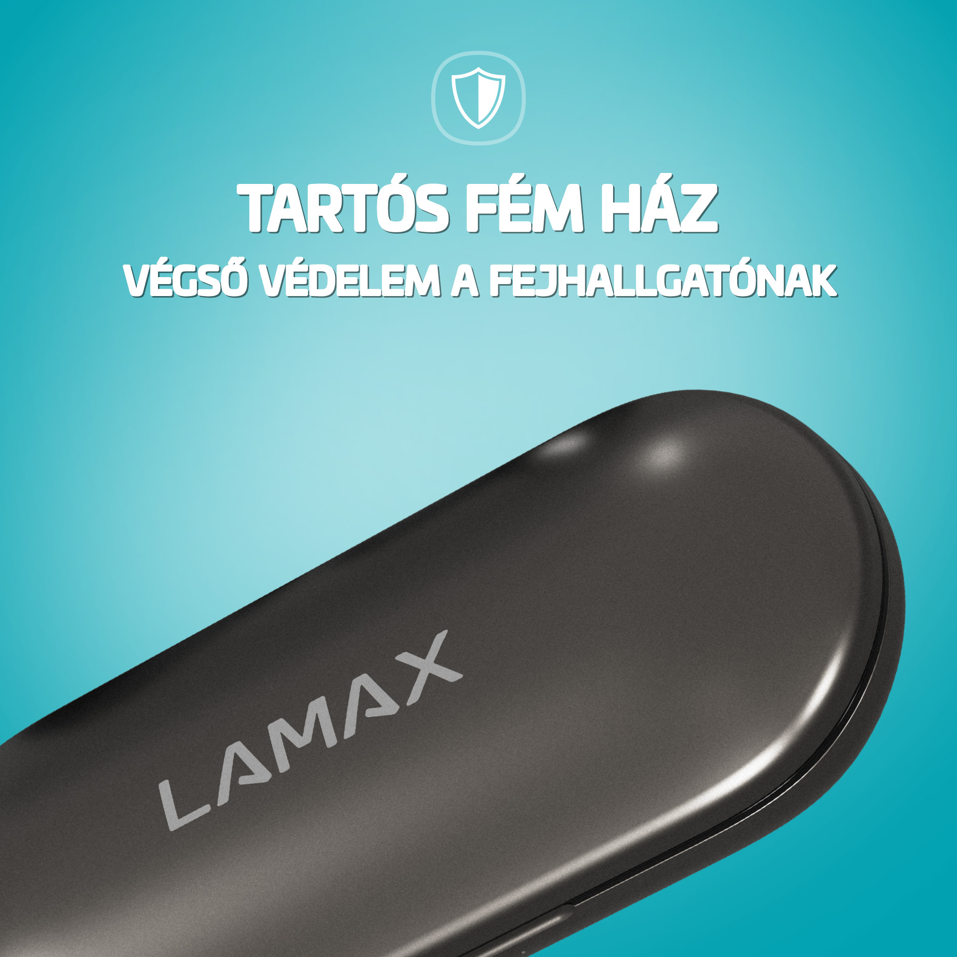 Sötét fülhallgató tok "LAMAX" logóval kék háttéren.
