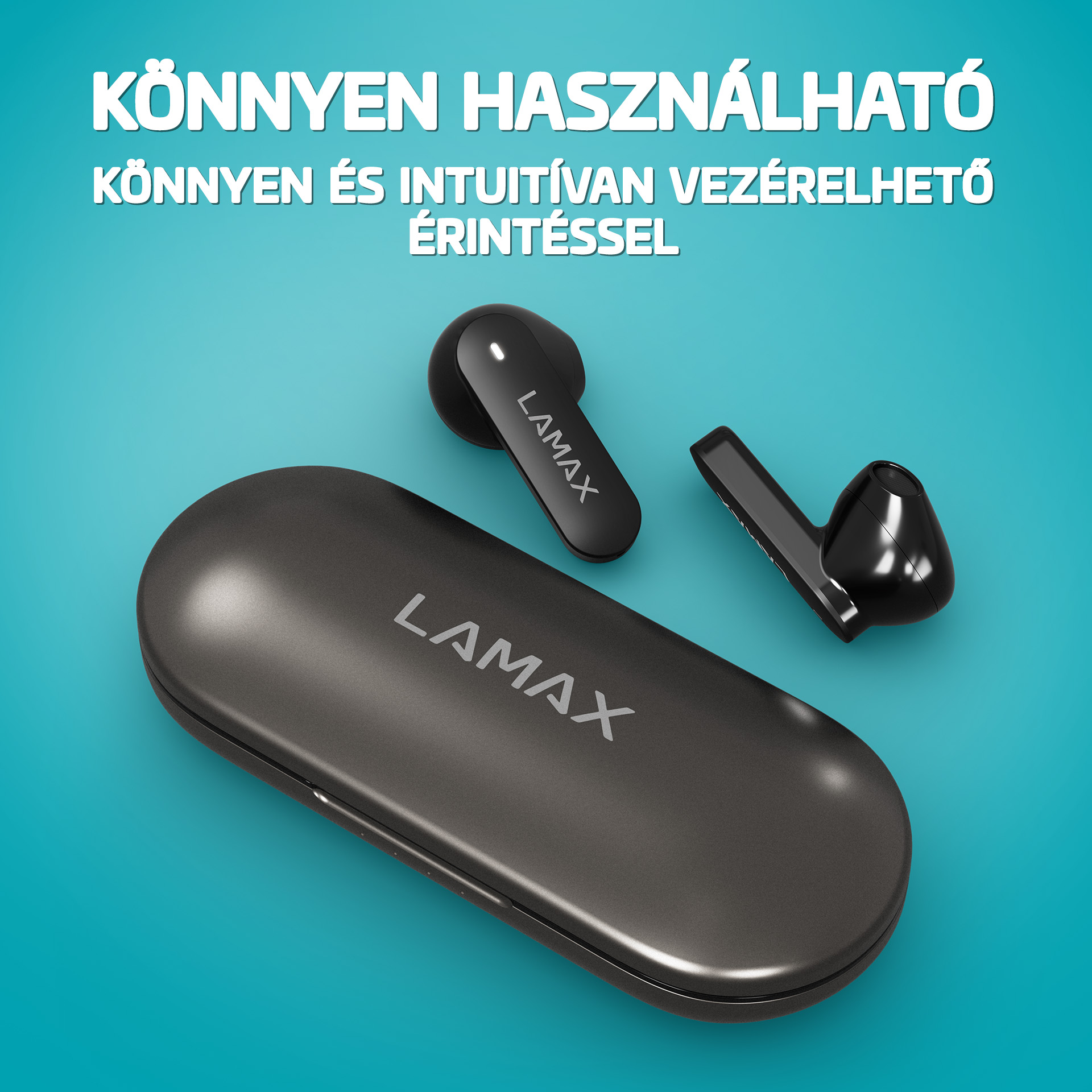 Fekete Lamax töltőtok két vezeték nélküli fülhallgatóval kék háttéren.