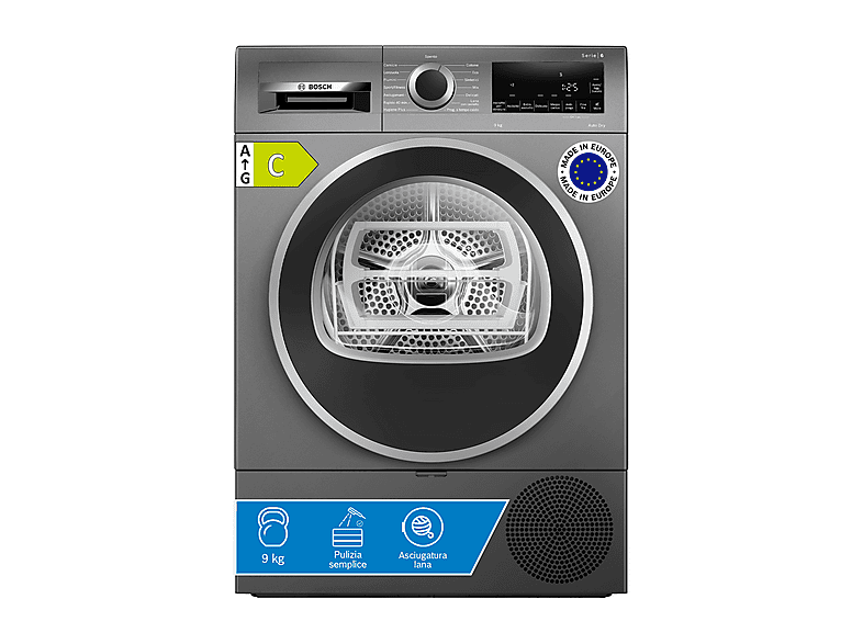 ASCIUGATRICE BOSCH WQG243DRII A pompa di calore, 9 kg, profondità 61,3 cm, 63 dB(A), Cast Iron (antracite), Classe C