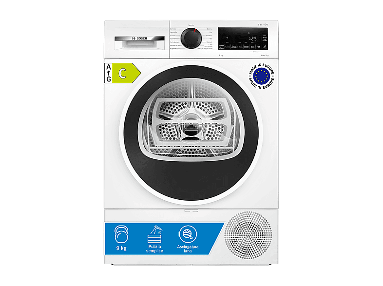 ASCIUGATRICE BOSCH WQG243D5IT A pompa di calore, 9 kg, profondità 61,3 cm, 63 dB(A), Bianco, Classe C