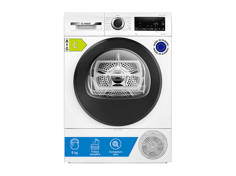 ASCIUGATRICE BOSCH WQG233D0II A pompa di calore, 8 kg, profondità 61,3 cm, 63 dB(A), Bianco, Classe C