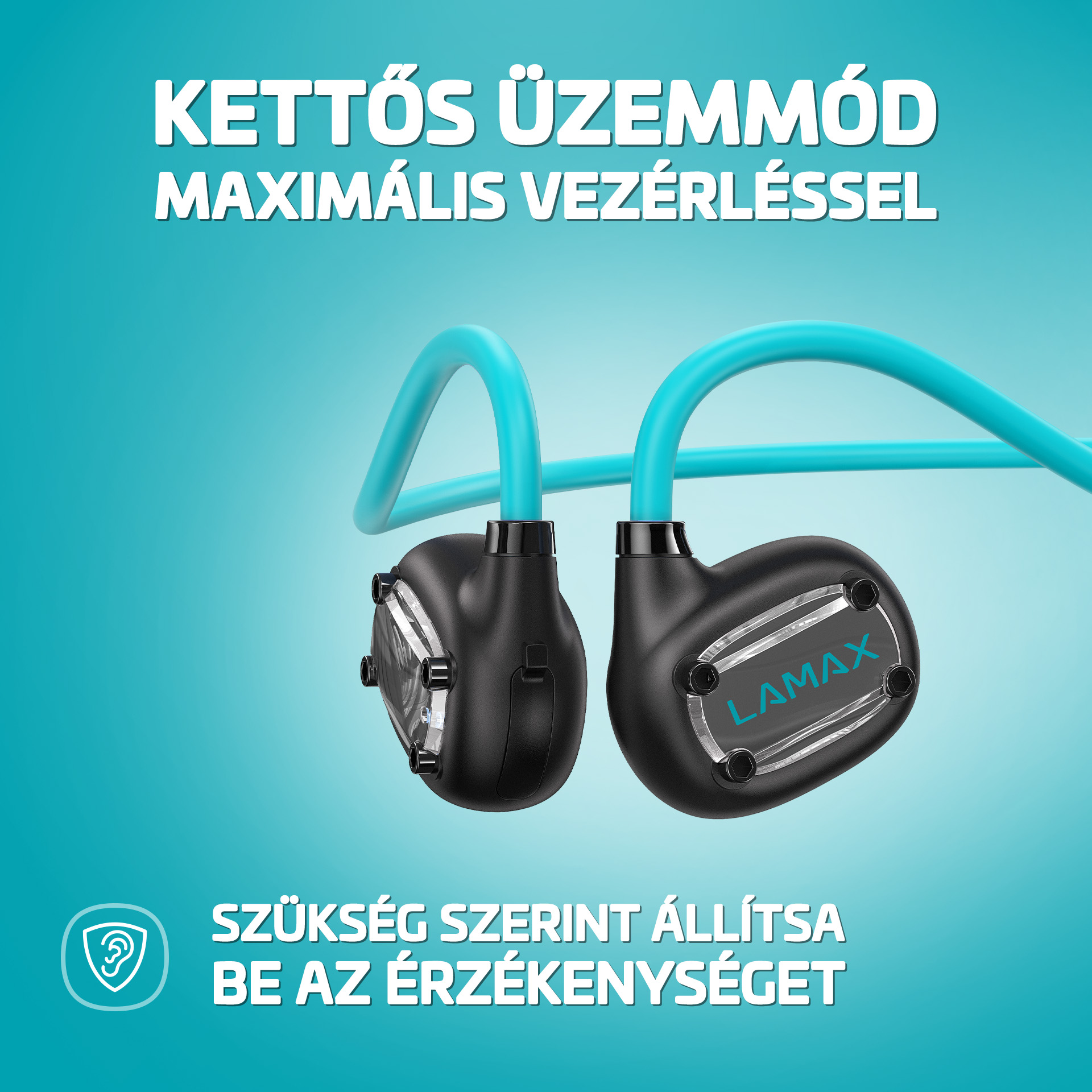 Fekete fülhallgatók türkiz fülkampókkal és LAMAX logóval kék háttéren.