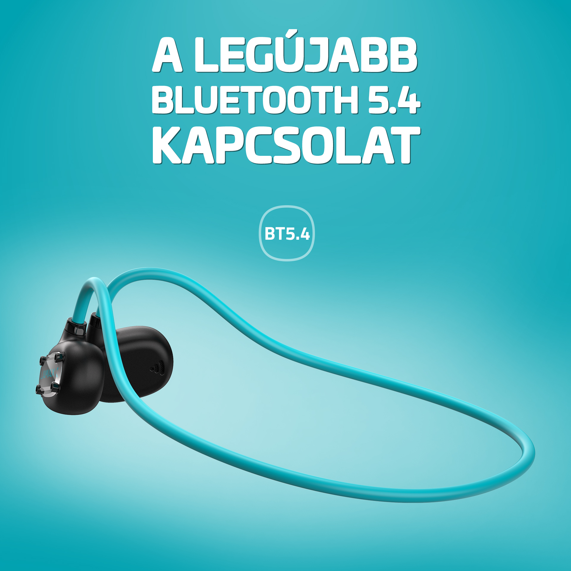 Fekete fülhallgató türkiz kábellel, BT 5.4 felirat.