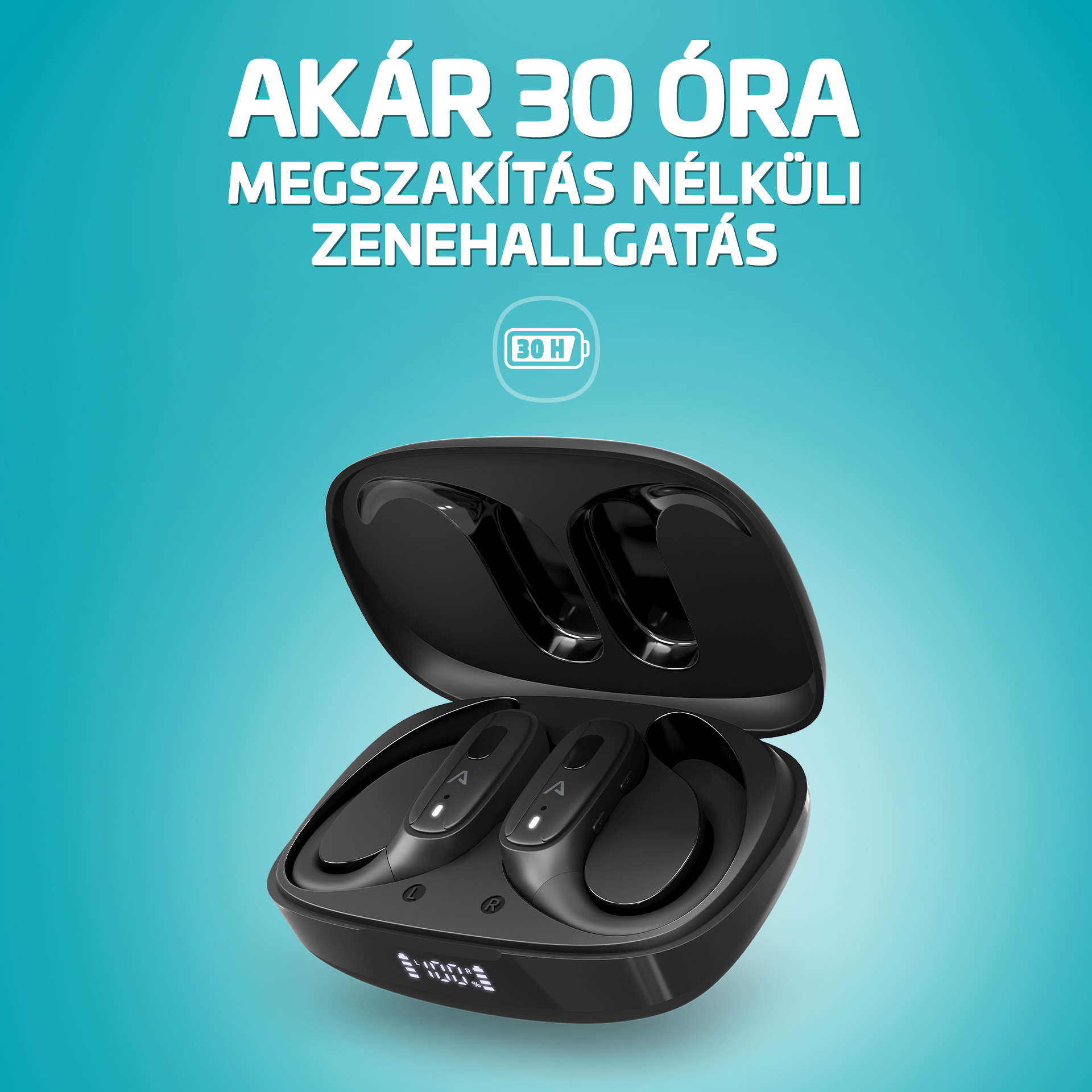 Fekete vezeték nélküli fülhallgatók nyitott töltőtokban kék háttéren.