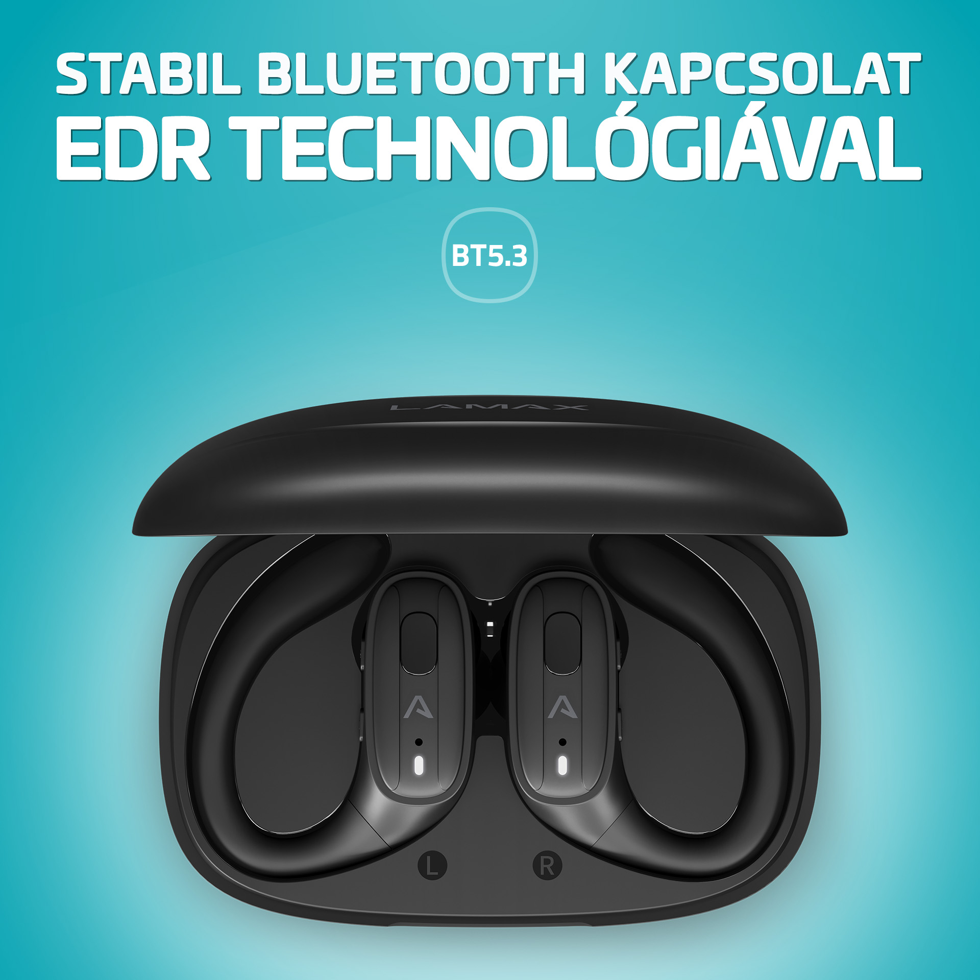Fekete vezeték nélküli fülhallgató töltőtokkal, BT5.3 logó felül.