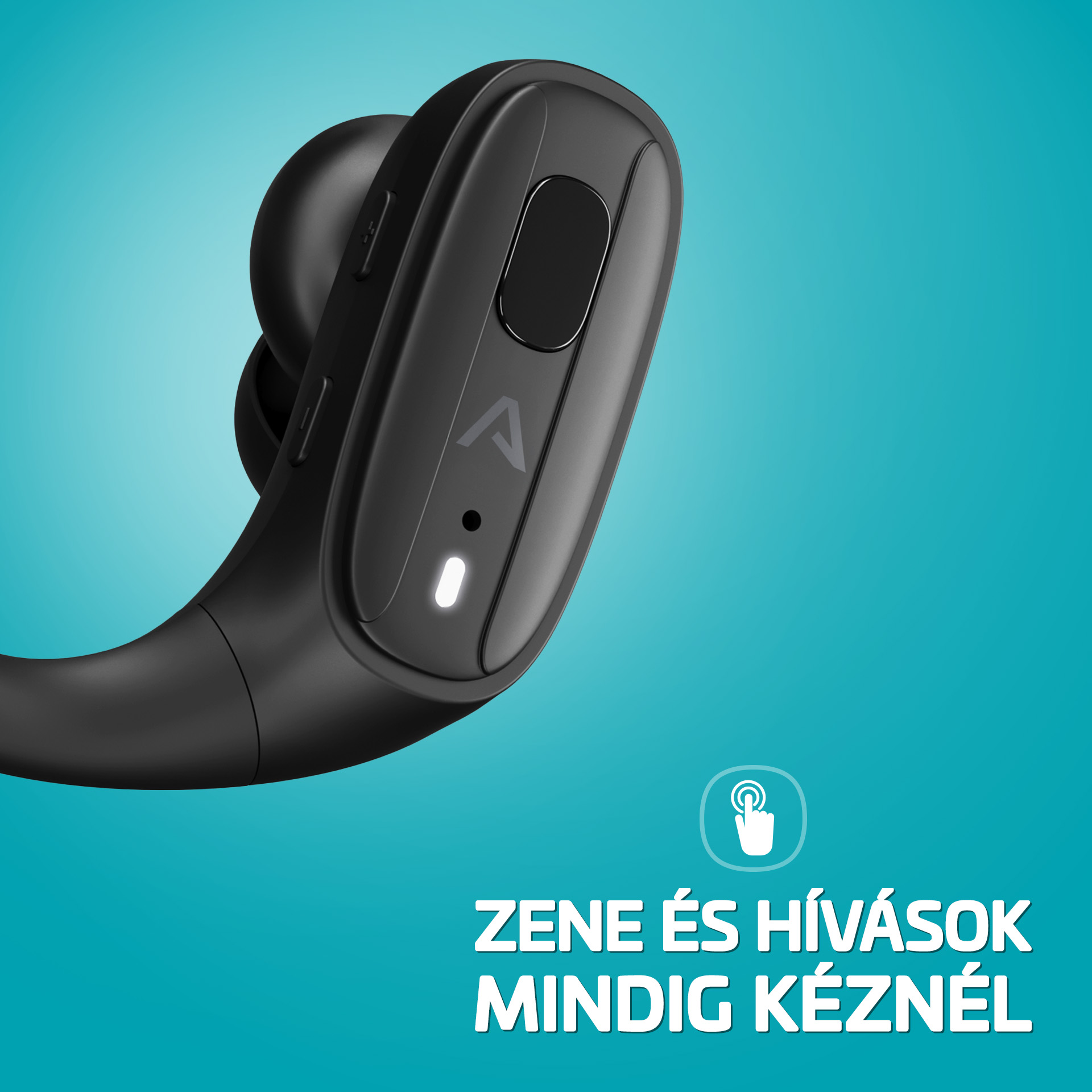 Fekete fülhallgató érintővezérléssel és fehér LED-del, kék háttérrel.
