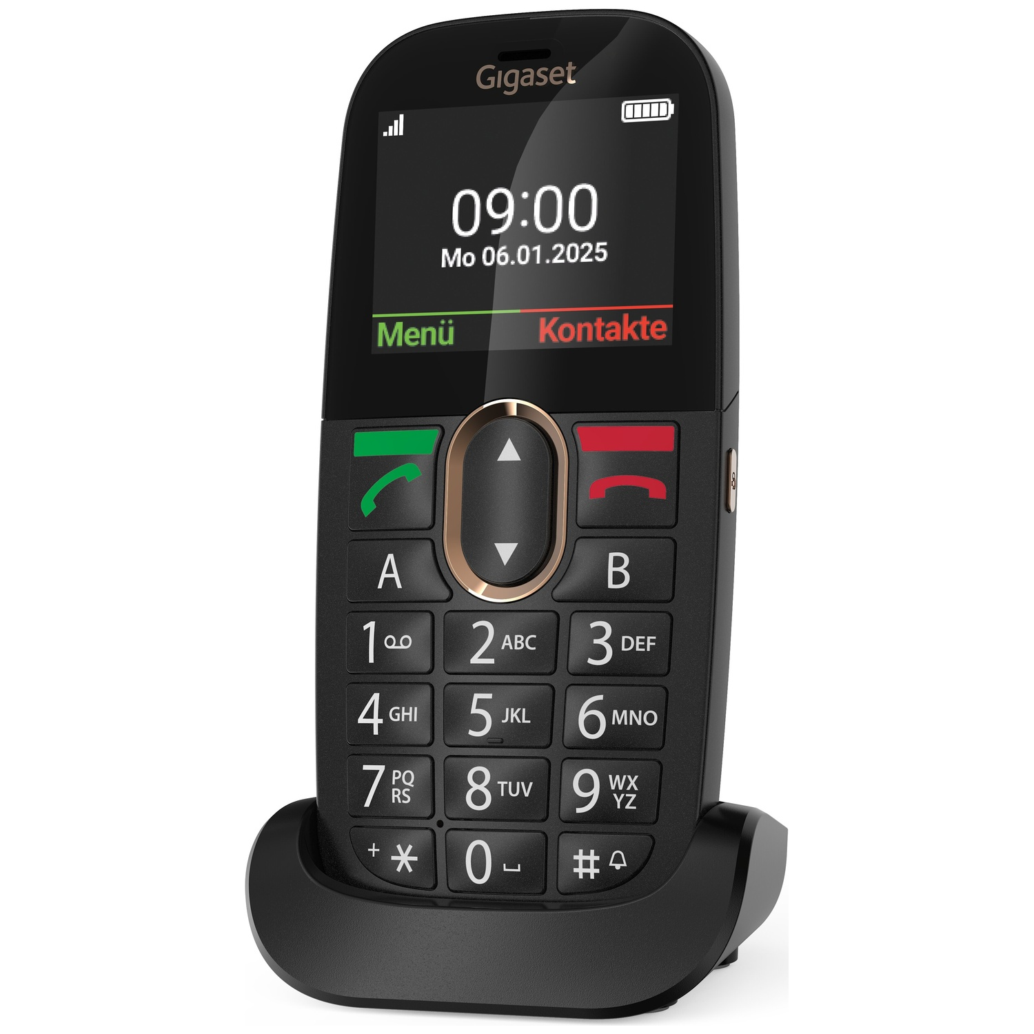A black Gigaset phone with keypad and screen rests on its charging base.