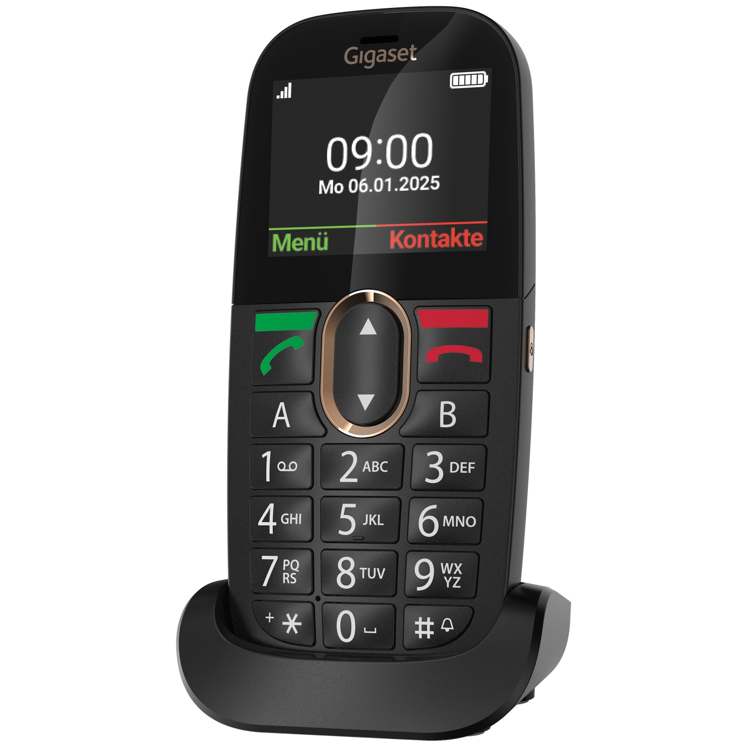 A black Gigaset phone with numeric keypad and screen showing 09:00, on its charging base.