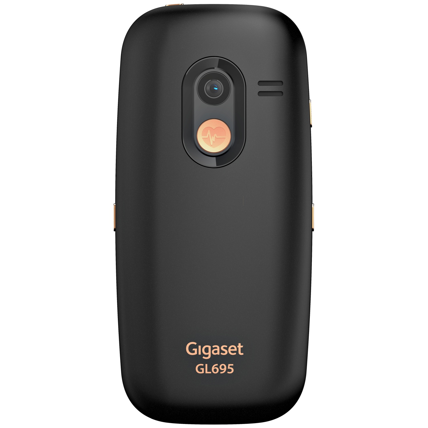 Back of a black Gigaset GL695 phone with camera and heartbeat icon.