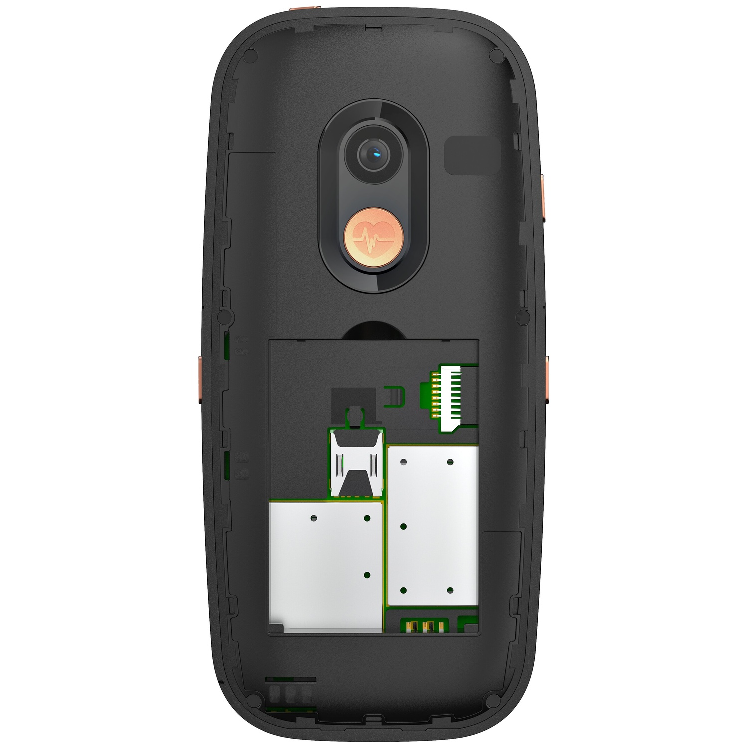 Back of a black phone showing exposed electronics, camera, and SIM slots.