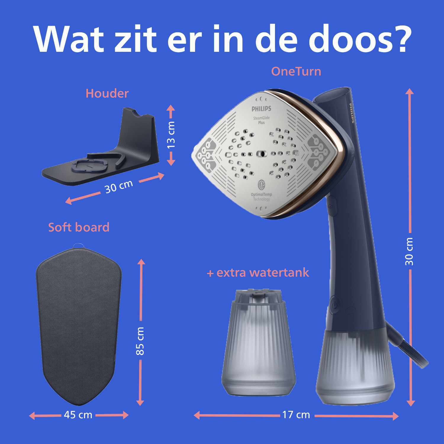 A garment steamer, holder, ironing board and water tank are shown.