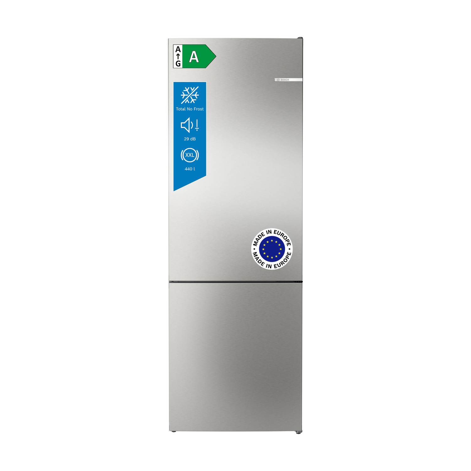 Frigorifero Bosch argento, classe A, No Frost, 29 dB, capacità 440L.