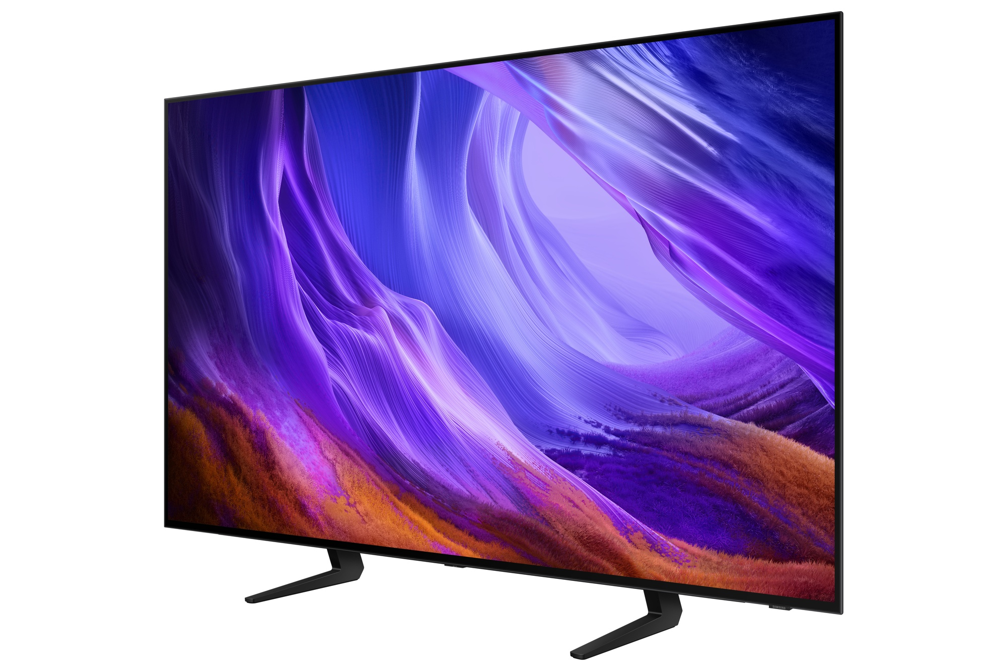 Un televisor moderno que muestra un salvapantallas abstracto morado y naranja.