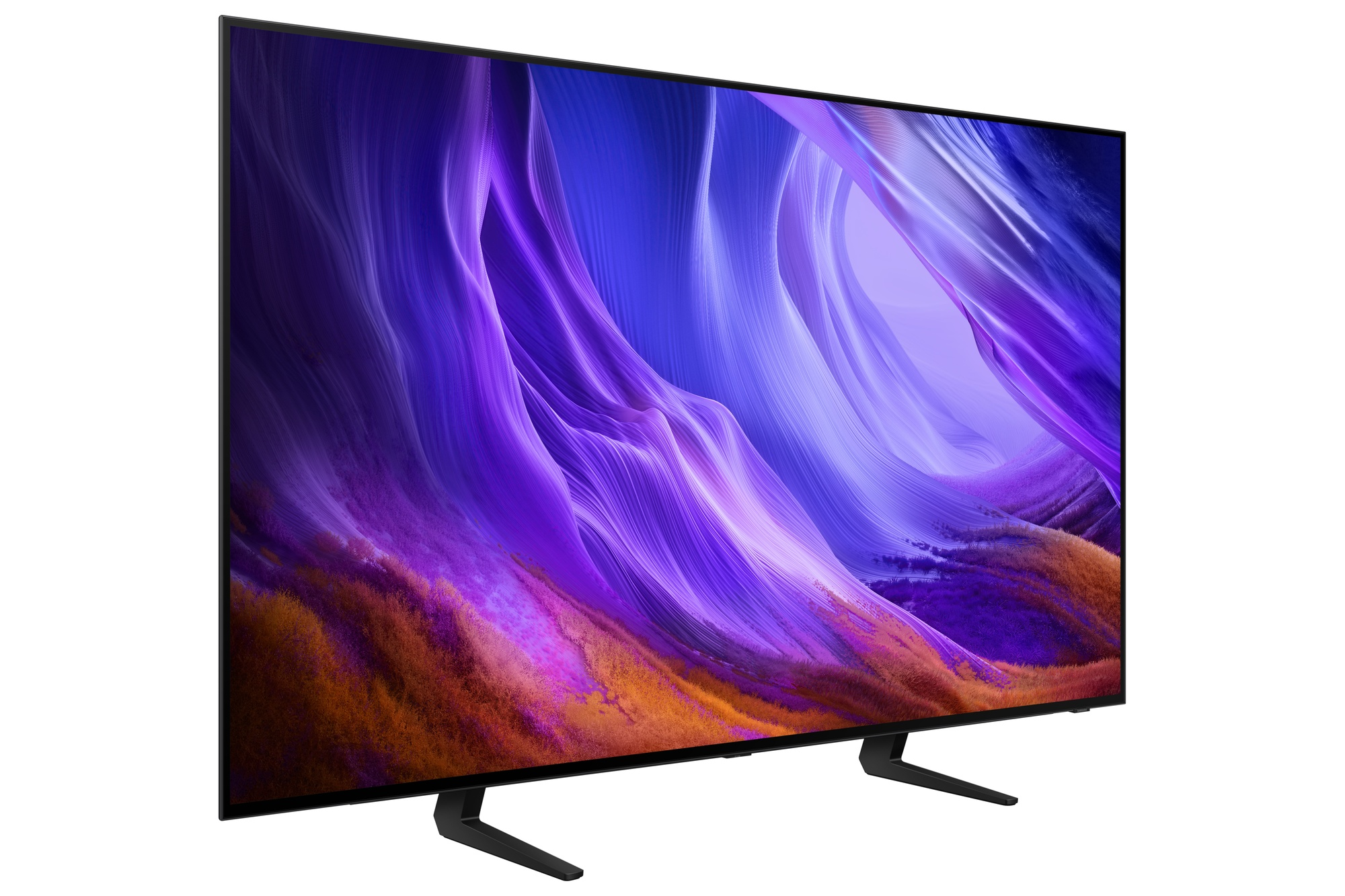 Un televisor moderno con un protector de pantalla abstracto morado y naranja.