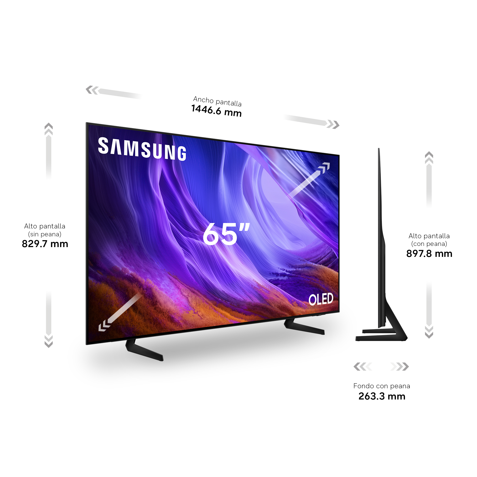 Un televisor Samsung OLED de 65" con soporte, se muestran dimensiones.