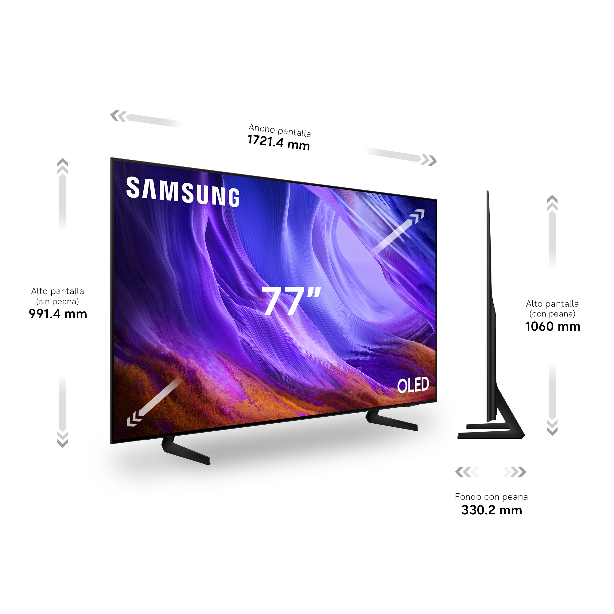 TV Samsung OLED de 77" con dimensiones: Ancho 1721,4 mm, Alto (sin peana) 991,4 mm, Alto (con peana) 1060 mm, Fondo (con peana) 330,2 mm.