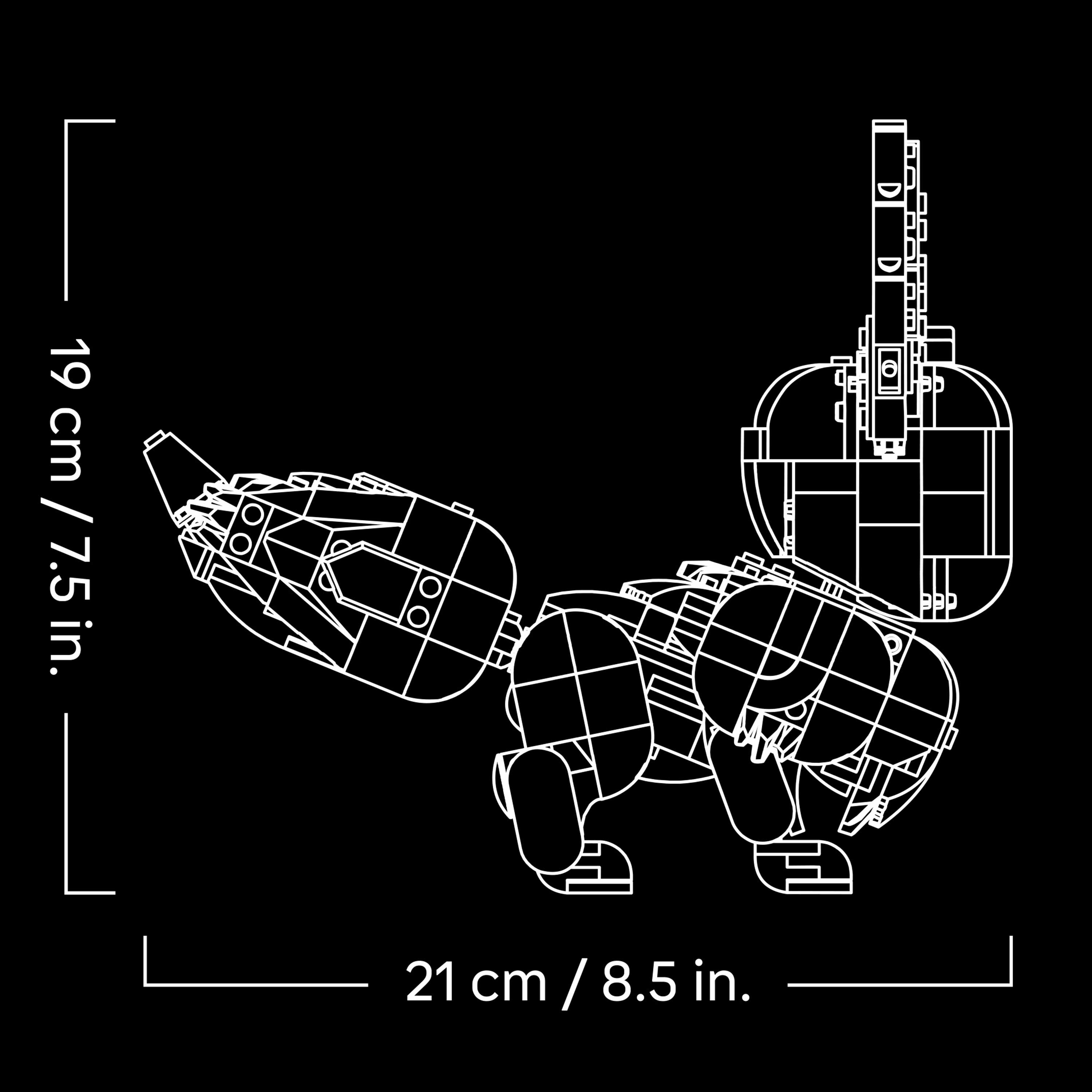 Eine weiße Lego-Figur eines Drachen auf schwarzem Hintergrund. Maße: 19 cm Höhe, 21 cm Länge.