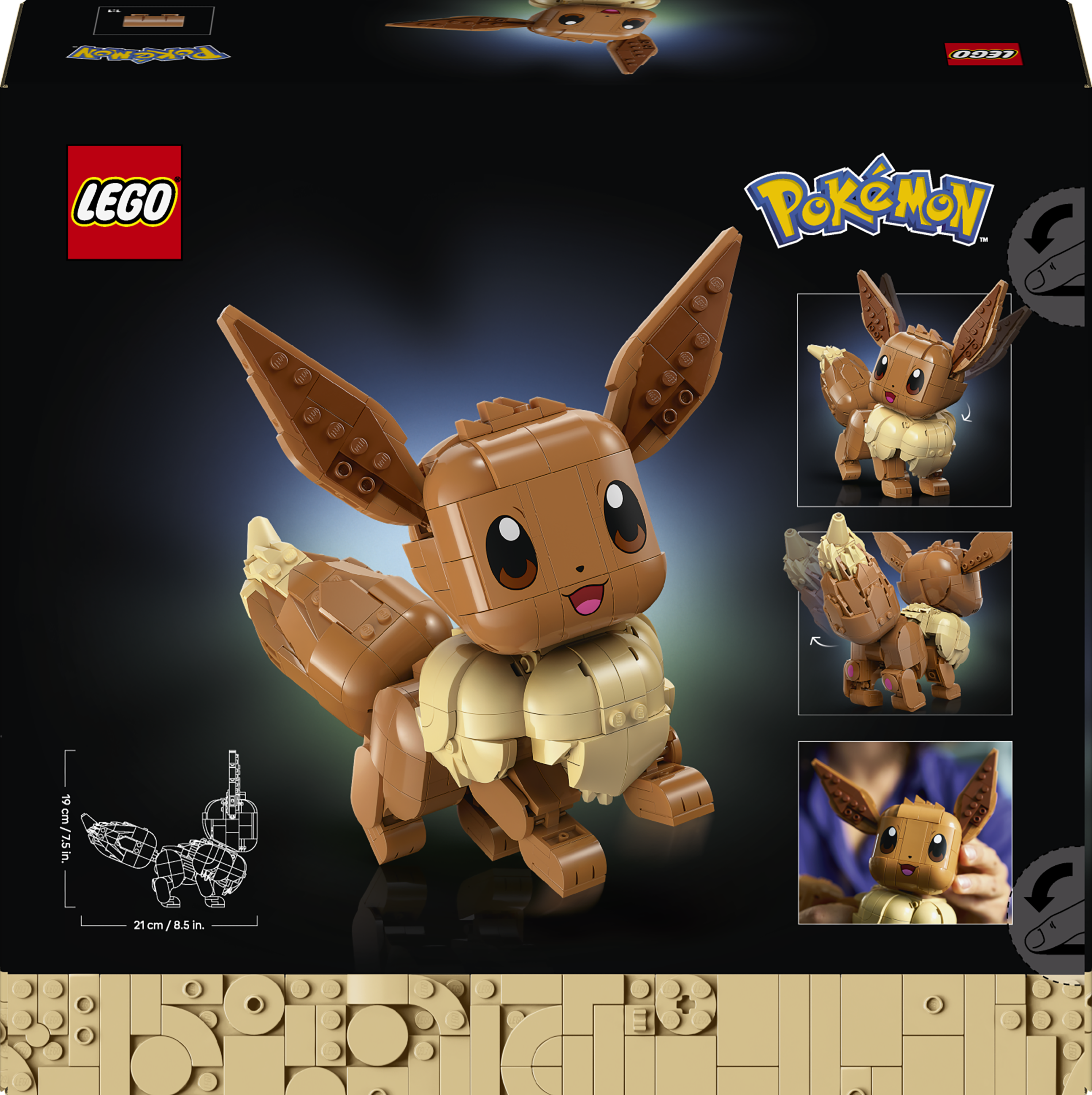 Ein brauner Lego Evoli mit hellbraunen Akzenten steht auf einer dunklen Fläche.