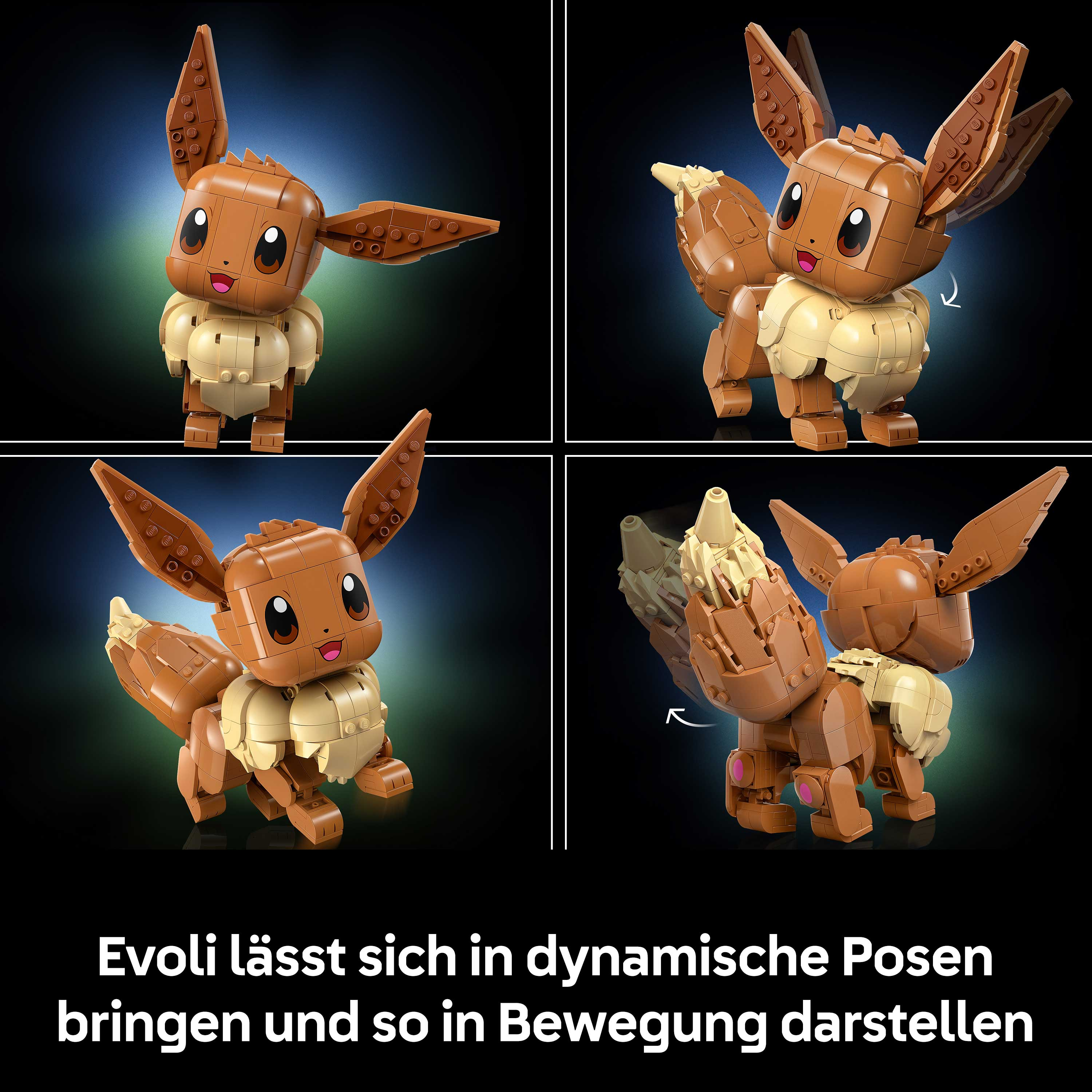 Ein Lego-Modell von Evoli in verschiedenen Posen vor dunklem Hintergrund.