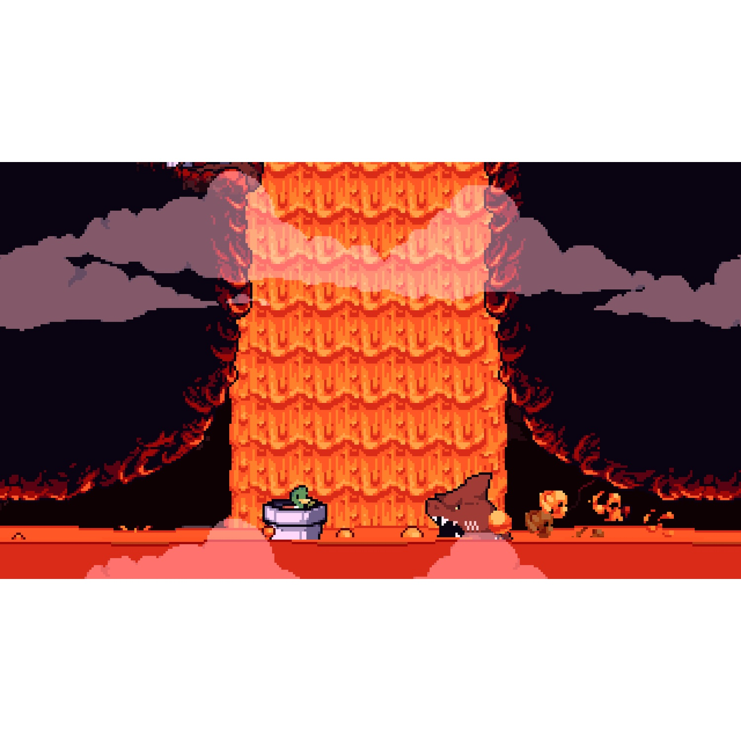 Pixel art scene with a pond, shark monster, and small creature before a lava waterfall.
