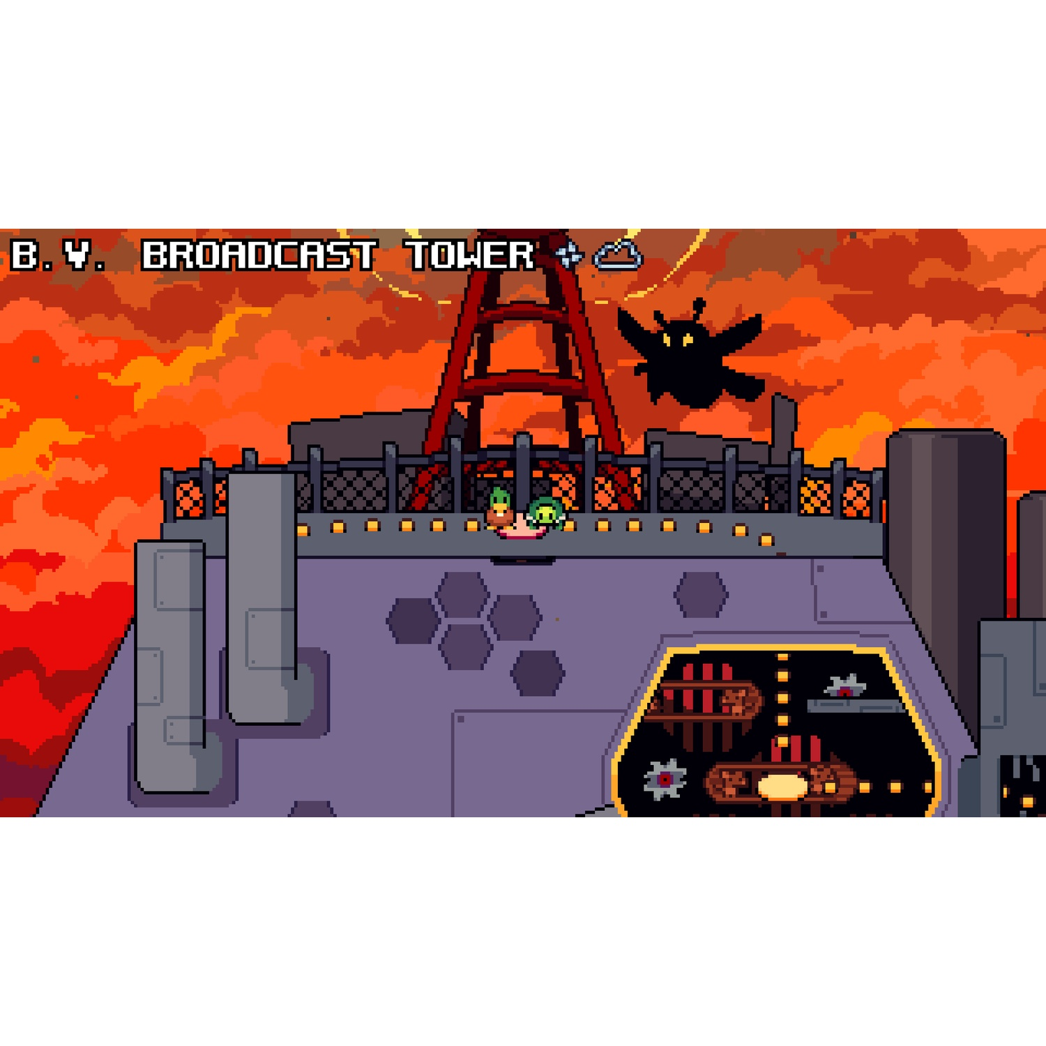 Pixel art of a broadcast tower with a fiery sky and a shadowy flying object.