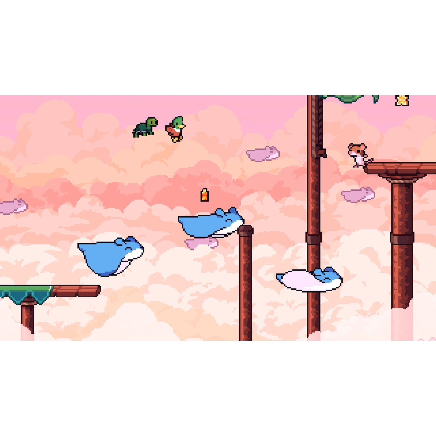 Pixel art: Een hamster en andere wezens zweven op wolken.
