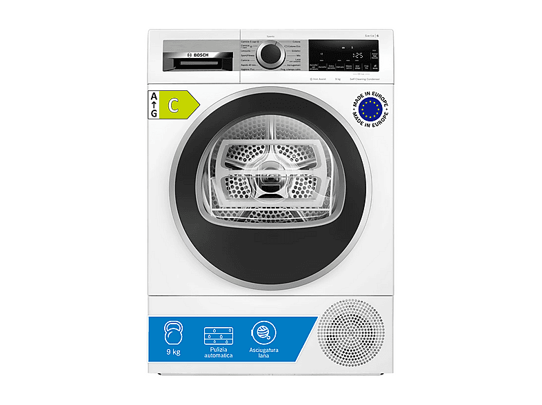 ASCIUGATRICE BOSCH WQG245C0IT A pompa di calore, 9 kg, profondità 61,3 cm, 61 dB(A), Bianco, Classe C