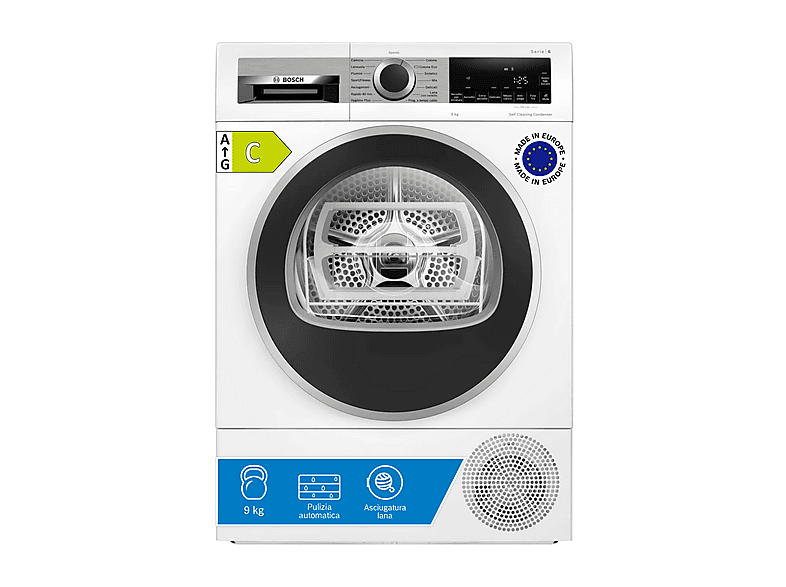 Asciugatrice BOSCH WQG245D0IT, a pompa di calore, 9 kg, profondità 61,3 cm, Auto Dry, SelfCleaning Condenser, funzione mezzo carico, Classe C