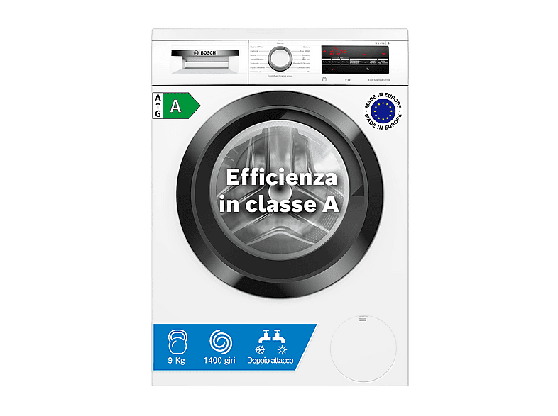 BOSCH WUU28T29II LAVATRICE, Caricamento frontale, 9 kg, 14 programmi, Profondità 59,9 cm, Giri 1400 rpm, Bianco, livello rumorosità centrifuga 72 dB(A), Classe A