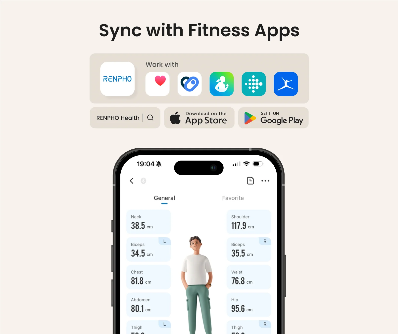 App képernyőfotó testméreteket mutat, szinkronizál fitnesz appokkal.