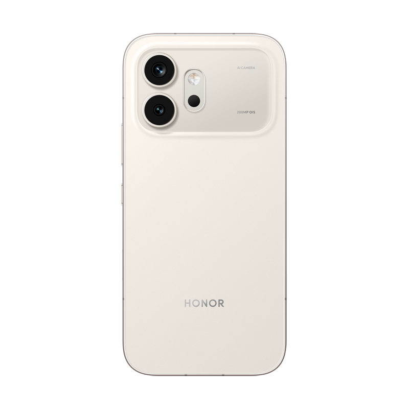 Un smartphone Honor beige claro con triple cámara y la marca Honor.