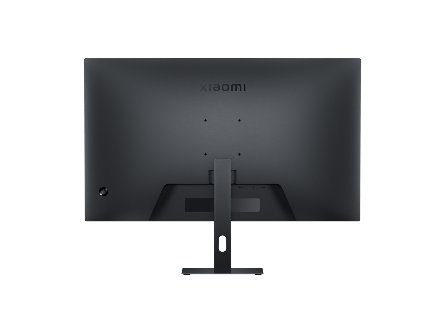 Parte trasera de un monitor Xiaomi negro con puertos y soporte.