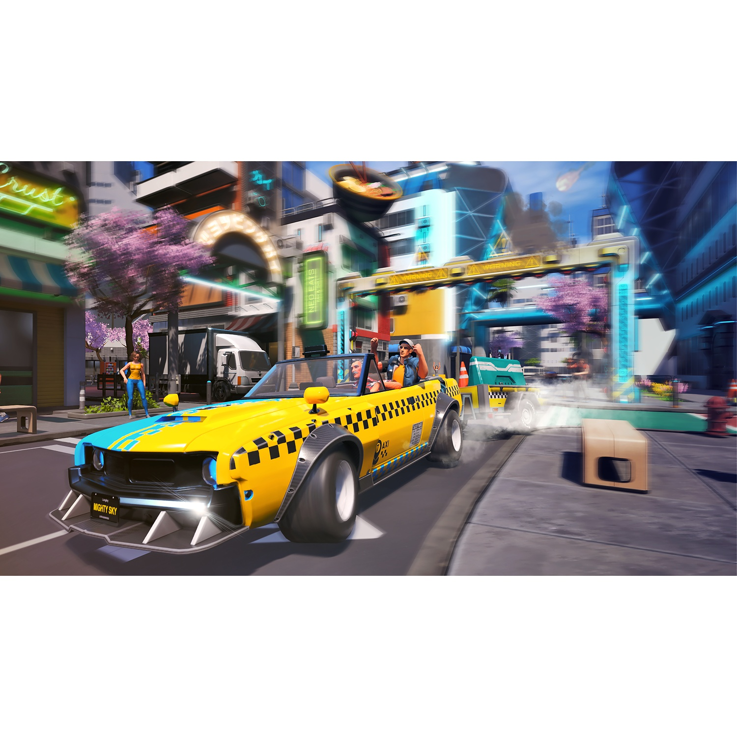 Yellow taxi sports car driving in a futuristic city with pink blooming trees.
