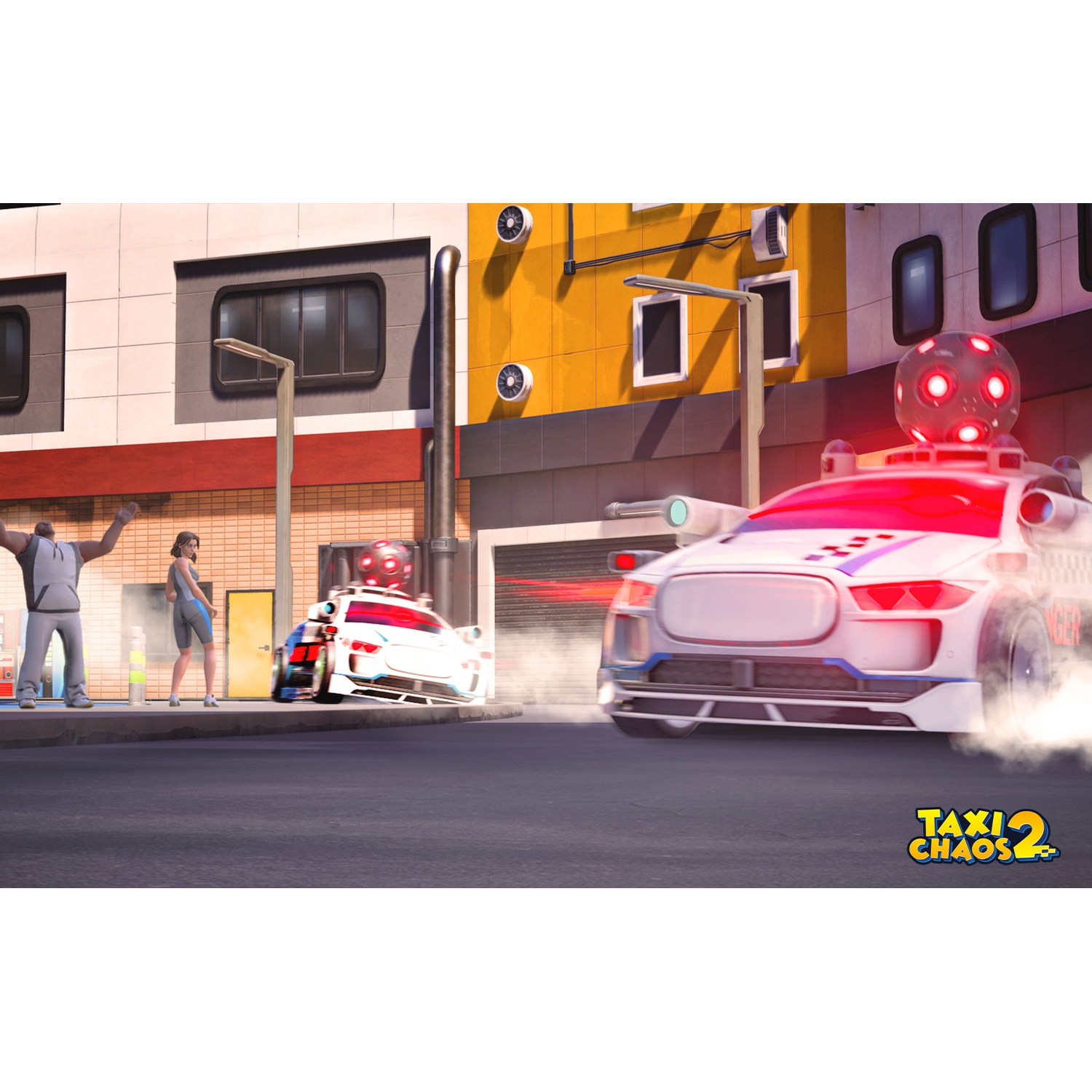 A white car with red lights speeds down a street, smoke billowing. Two people in the background.