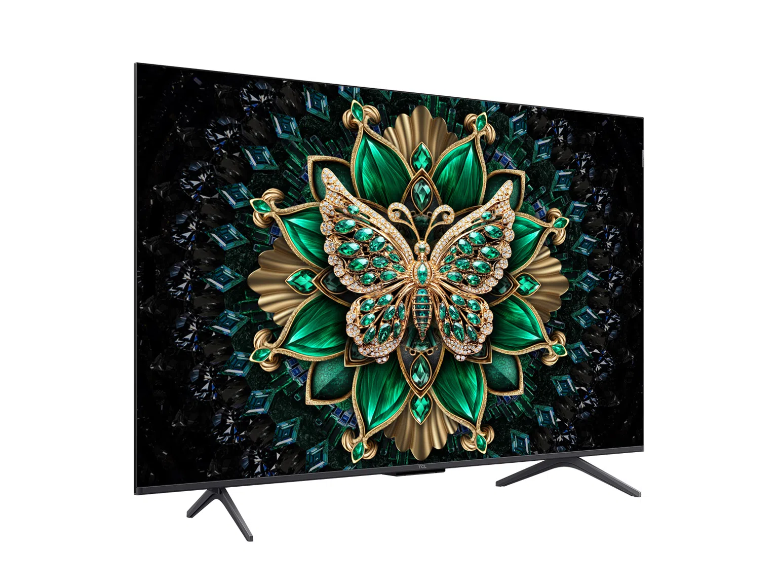 Un televisor moderno muestra una obra de arte digital de una mariposa enjoyada sobre un fondo oscuro y cristalino.