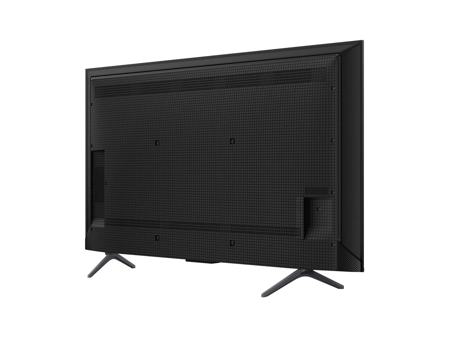 Parte trasera de un televisor negro con patrón de rejilla y dos patas.