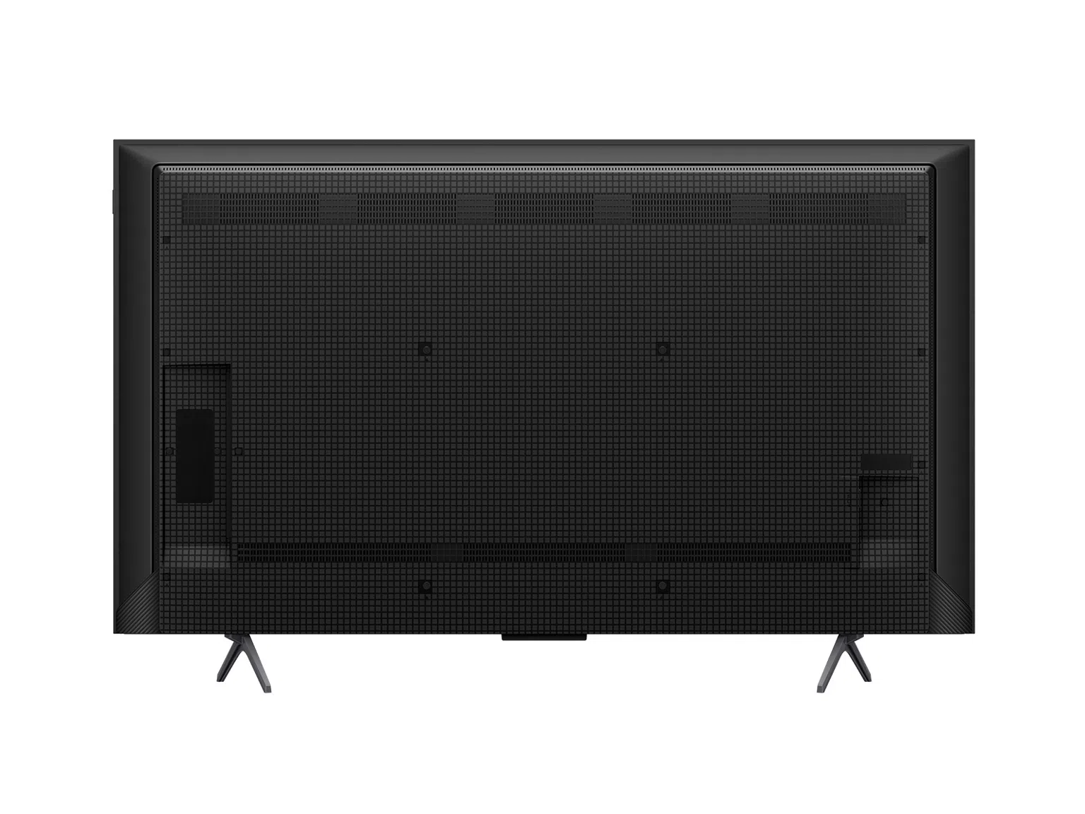 Parte trasera de un televisor negro con soportes en V y rejilla de ventilación.