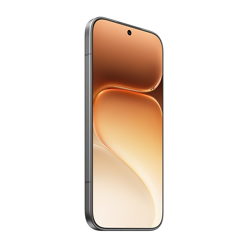 Un marco de smartphone plateado con pantalla bronce que muestra ondas suaves.