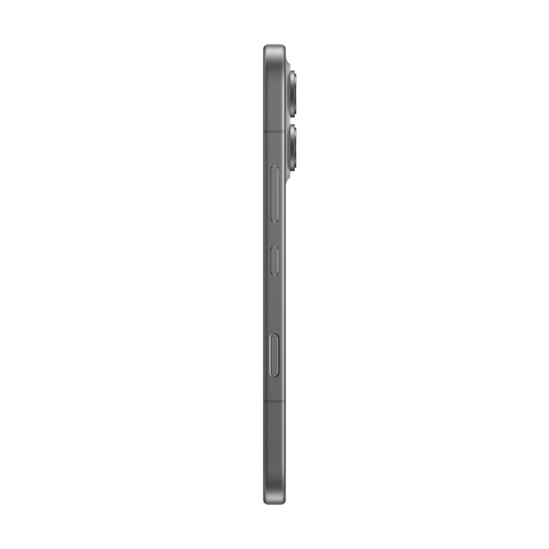 Primer plano de un smartphone gris con cámaras traseras, fondo blanco.