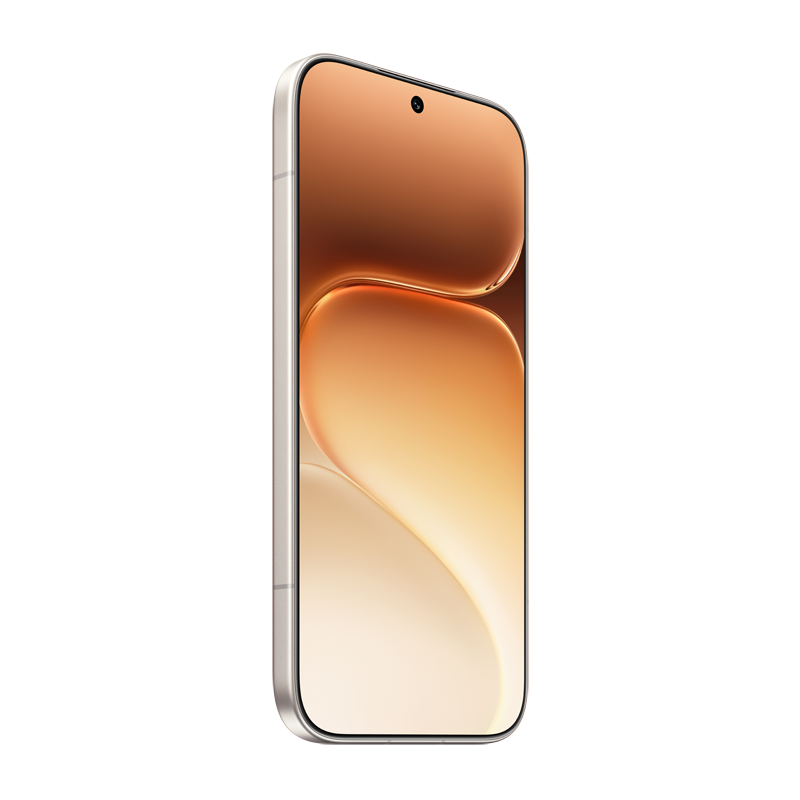 Un smartphone moderno con una gran pantalla sin bordes en tonos marrones y beige.